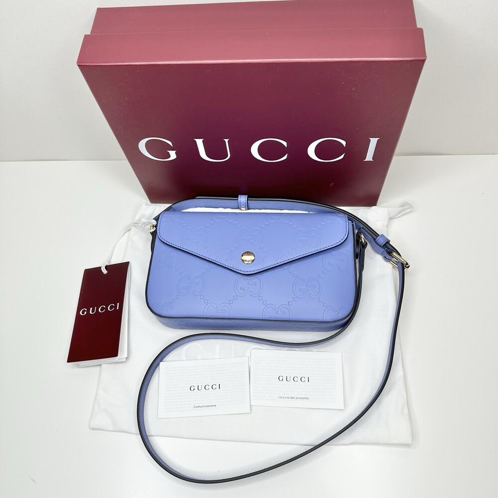 Gucci Gg Super Mini Shoulder Bag Women's Lilac Blue Leather Crossbody Strap NIB - Picture 4 of 13